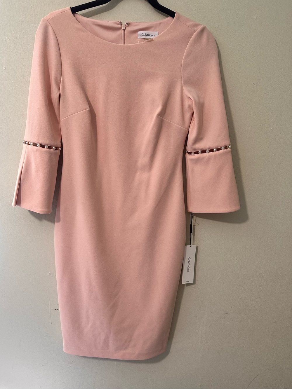 Calvin Klein Blush Pink Midi Sheath Dress with Beaded 3/4 Sleeves